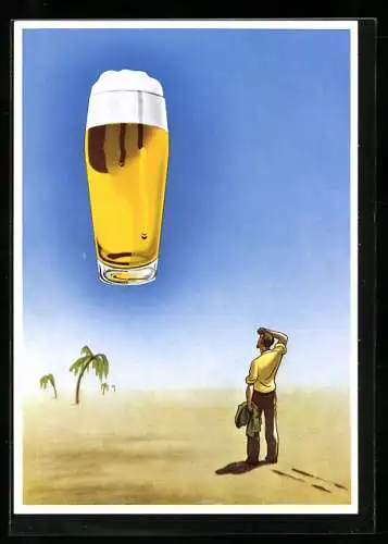 AK Mann in der Wüste erblickt ein Bierglas, Brauerei-Werbung