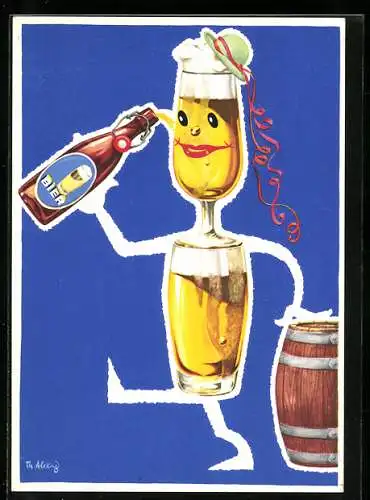 Künstler-AK Bier-Werbung, vermenschlichte Biergläser trinken Flasche Bier