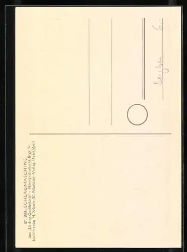 Künstler-AK sign. H. Moritz: bergmännische Begriffe karikiert aus Lustige Gezähekiste, Nr. 27: Schlagmaschine