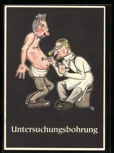 Künstler-AK sign. H. Moritz: 48 bergmännische Begriffe karikiert, aus Lustige Gezähekiste, Bild 2: Untersuchungsbohrung