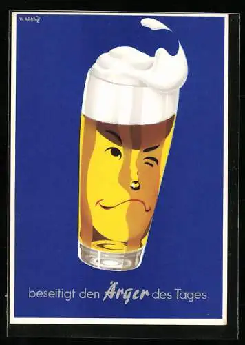 AK Brauerei-Werbung Beseitigt den Ärger des Tages, Bierglas mit Gesicht