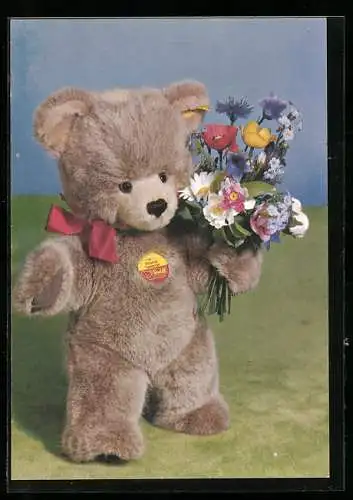 AK Steiff Teddy mit Blumen