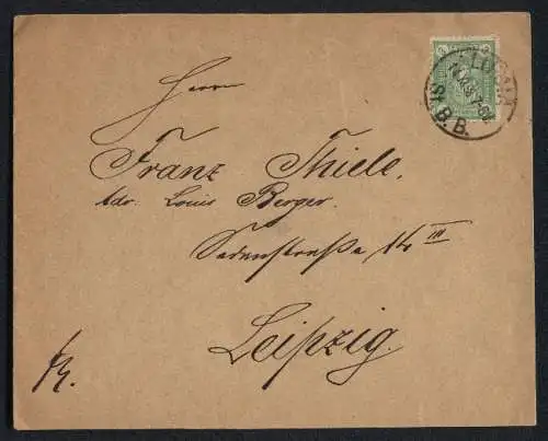 Briefumschlag Leipzig, Briefmarke der privaten Stadtpost mit Wappen, 3 Pfennig