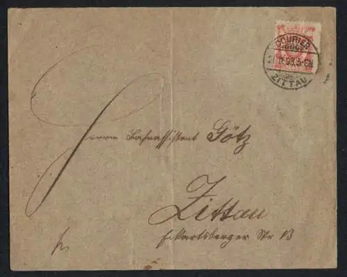 Briefumschlag Zittau, Briefmarke der privaten Stadtpost im Wert von 3 Pfennigen