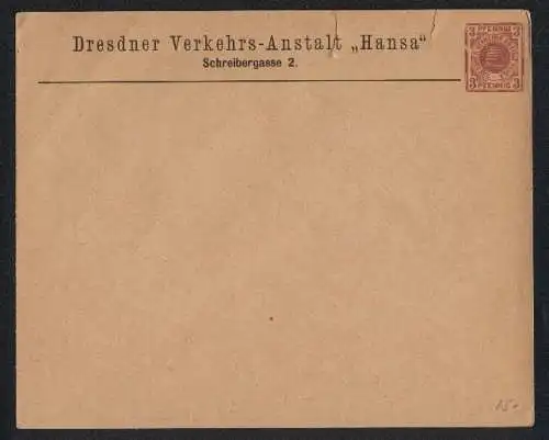 Briefumschlag Dresden, Ganzsache der Verkehrs-Anstalt Hansa in der Schreibergasse 2, 3 Pfennig, Private Stadtpost