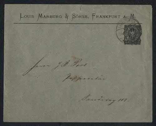 Briefumschlag Frankfurt a. M., Ganzsache der privaten Stadtpost im Wert von 2 Pfennigen