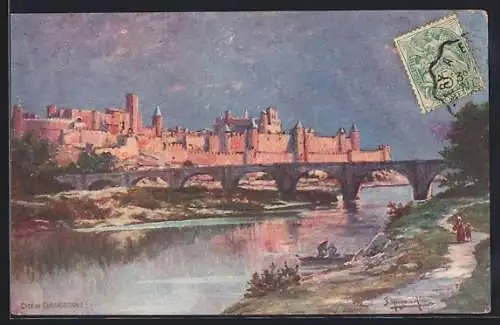 Künstler-AK Carcassonne, Vue nocturne de la cité fortifiée et du pont sur le fleuve