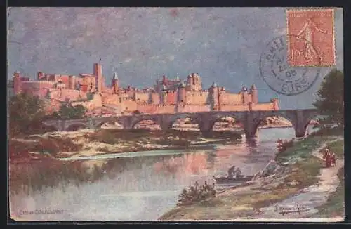 Künstler-AK Carcassonne, Vue de la cité et du pont sur la rivière