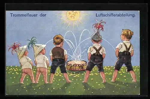 AK Trommelfeuer der Luftschifferabteilung, Kinder urinieren auf eine Trommel, Toilettenhumor