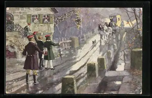 Künstler-AK Wirtshausbesucher empfangen Postkutsche, studentische Szene