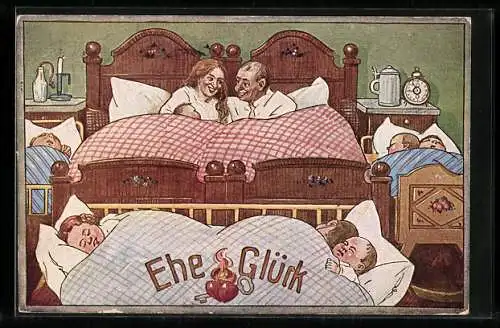 Künstler-AK Eheglück, Paar umringt von seinen Kindern im Ehebett