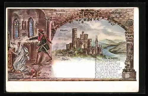 Lithographie Koblenz, Burg Stolzenfels, Graf Reinhard v. Westerburg überrascht Elsbeth in der Kapelle