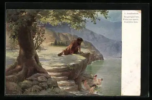 Künstler-AK sign. L. Ismailowitsch: Neugieriger Faun, Satyr