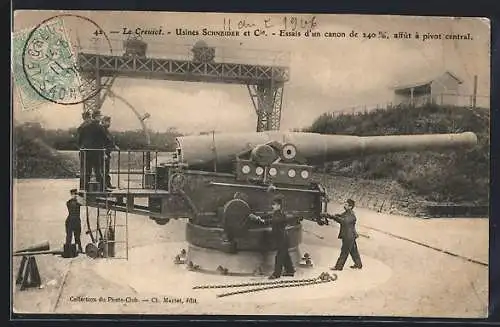 AK Le Creusot, Usines Schneider et Cie, Essais d`un canon de 240 m/m, affût à pivot central