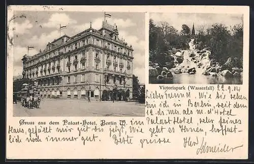 AK Berlin, Palast-Hotel, Wasserfall im Victoriapark