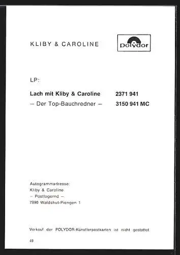 AK Bauchredner Kliby mit seiner Puppe Caroline, original Autograph