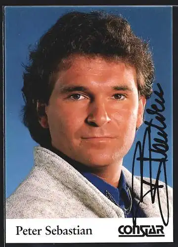 AK Musiker Peter Sebastian in blauem Hemd, Autograph