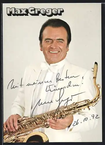 AK Musiker Max Greger mit Saxophon, Autograph