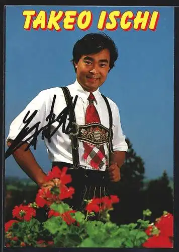 AK Musiker Takeo Ischi in Lederhosen, Autograph