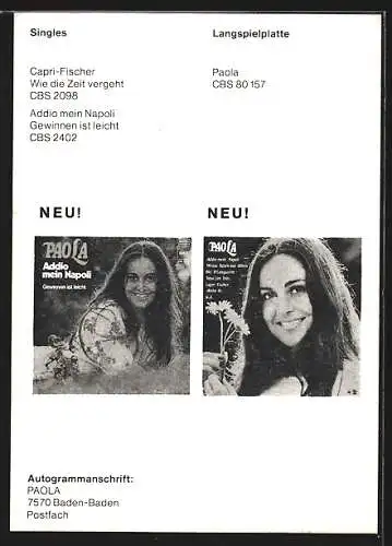 AK Musikerin Paola mit Blumen in der Hand, Autograph
