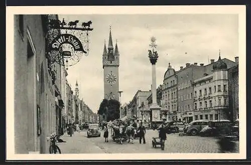 AK Straubing, Theresienplatz mit Stadtturm und Dreifaltigkeitssäule