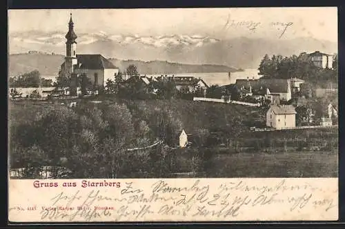 AK Starnberg, Panorama mit Kirche