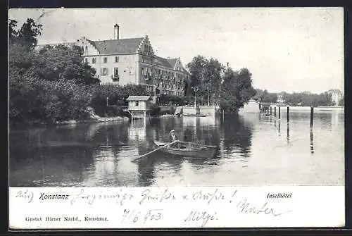 AK Konstanz, Inselhotel am Wasser, Boot im Wasser