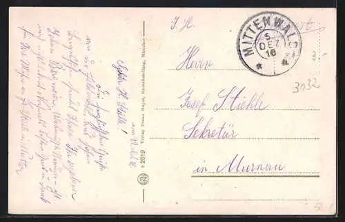 AK Mittenwald, Ortsansicht gegen Wetterstein