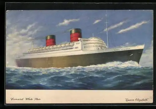 Künstler-AK Passagierschiff Queen Elizabeth in stürmischer See, Cunard White Star Line