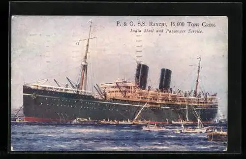 Künstler-AK Passagierschiff S. S. Ranchi vor der Küste, P. & O. Line, India Mail and Passenger Service
