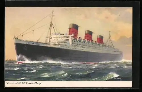 AK Passagierschiff R.M.S. Queen Mary in stürmischer See, Cunard Line