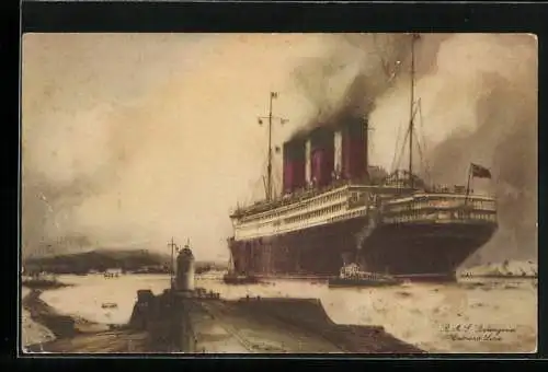 Künstler-AK Passagierschiff RMS Berengaria verlässt den Hafen, Cunard Line