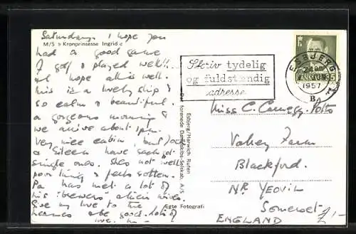 AK Passagierschiff MS Kronprinsesse Ingrid auf hoher See