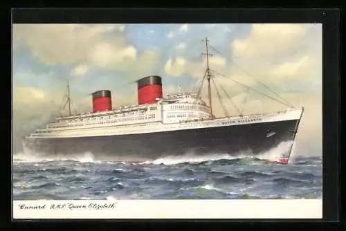 AK Passagierschiff R.M.S. Queen Elizabeth bei voller Fahrt