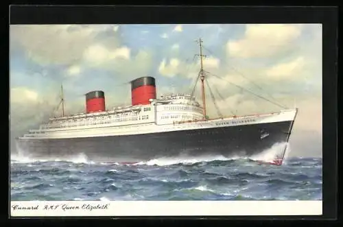 AK Passagierschiff R. M. S. Queen Elizabeth in voller Fahrt, Cunard Line