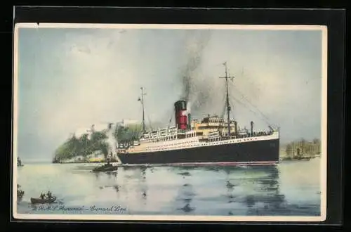 Künstler-AK Passagierschiff RMS Aurania fährt in den Hafen ein, Cunard Line