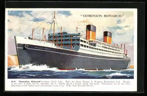 Künstler-AK Passagierschiff MV Dominion Monarch nahe der Küste, Shaw Savill Line