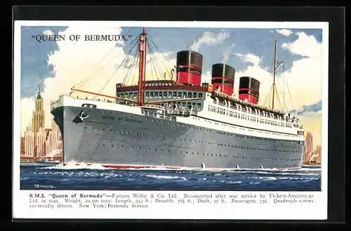 Künstler-AK Passagierschiff RMS Queen of Bermuda, Furness Withy & Co. Ltd.