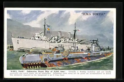 Künstler-AK Kriegsschiff HMS Forth, a submarine depot ship, next to a submarine, U-Boot