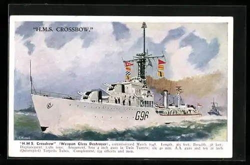 Künstler-AK Kriegsschiff HMS Crossbow, Weapon Class Destroyer