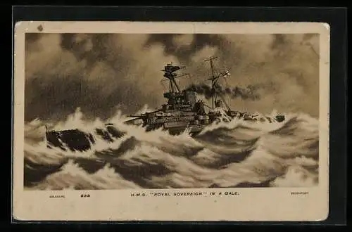 Künstler-AK Kriegsschiff HMS Royal Sovereign in a gale