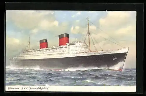 AK Passagierschiff RMS Queen Elizabeth pflügt durchs Meer, Cunard Line