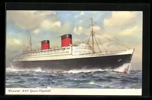 Künstler-AK Passagierschiff RMS Queen Elizabeth auf hoher See