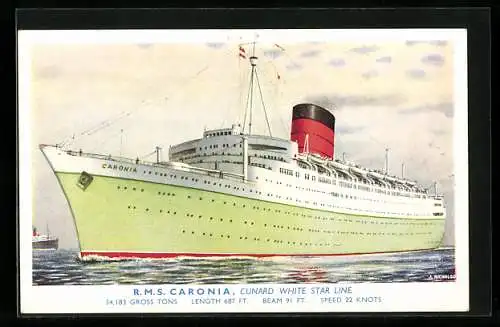 Künstler-AK Passagierschiff R.M.S. Caronia in grüner Farbe gestrichen, Cunard White Star Line