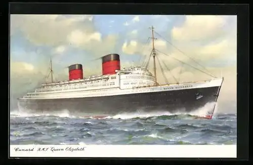 AK Passagierschiff RMS Queen Elizabeth auf stürmischer See, Cunard Line