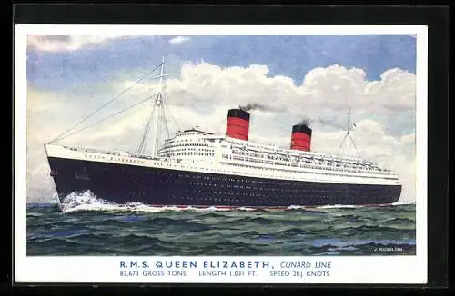 AK Passagierschiff RMS Queen Elizabeth auf hoher See, Cunard Line