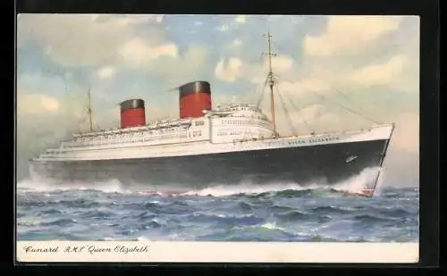 AK Passagierschiff R. M. S. Queen Elizabeth in voller Fahrt, Cunard Line