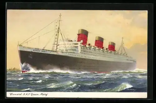 Künstler-AK Passagierschiff R.M.S. Queen Mary auf hoher See, Cunard Line