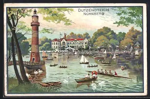 Lithographie Nürnberg, Dutzendteich mit Ruderern und Schwänen