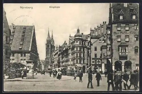 AK Nürnberg, Königstrasse mit Lorenzkirche und Strassenbahn